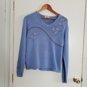 Vintage Christopher & Banks Sweater Women's S Blue Floral Scalloped Neck